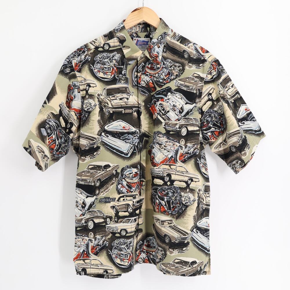Reyn Spooner Sports Men's Sz L Racing Chevy Muscle Speed and Power Camp Shirt